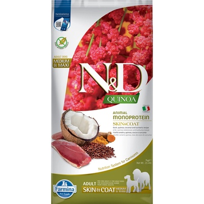 N&D Quinoa Medium & Maxi Skin & Coat kačacie, kokos & kurkuma 2 x 7 kg