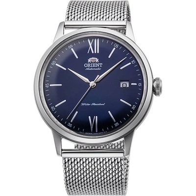 Orient RA-AC0019L Мъжки часовник - Класически, Автоматичен, Тъмносин циферблат, Плетена стомана, Прозрачен гръб, Римски цифри