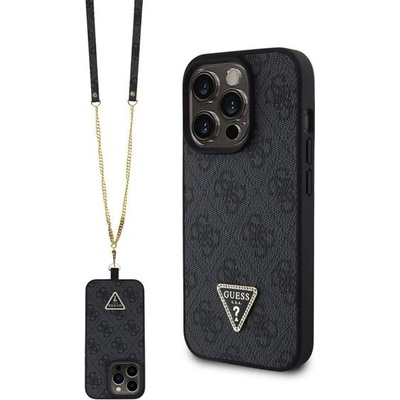 Guess PU 4G Strass Triangle Metal Logo + Crossbody popruh iPhone 15 Pro Max, čierne