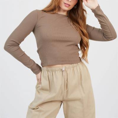 Brave Soul Дамска фланелка с дълъг ръкав Brave Soul BS Womens Long Sleeve Ribbed Top with Round Neck - Mushroom