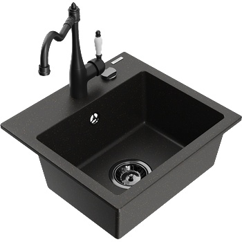 Mexen Milo гранитна мивка с 1 корито с кухненски смесител Carla, черен/златен (6505-75-670700-70-B)