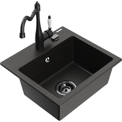 Mexen Milo гранитна мивка с 1 корито с кухненски смесител Carla, черен/златен (6505-75-670700-70-B)