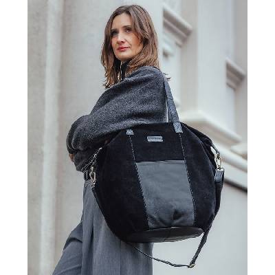 Mazzini Čierna semišová kožená shopper taška s vreckami It bag MARCO
