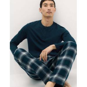 Marks & Spencer Карирана пижама от преброена чиста памук с Henley деколте Marks & Spencer зелена Marks & Spencer | Zelen | МЪЖЕ | S