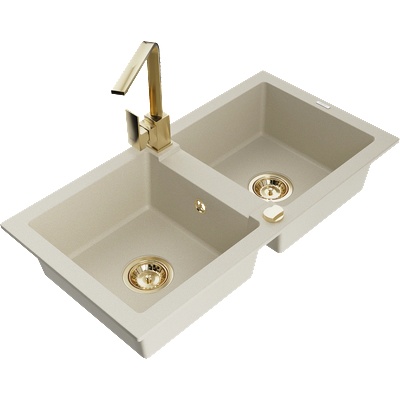 Mexen Mario гранитна кухненска мивка с 2 камери и смесител Rita, бежов - 6504-69-670300-50 (6504-69-670300-50)