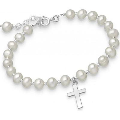 Bangles korálkový White Fresh Pearls s přívěskem křížku 2227