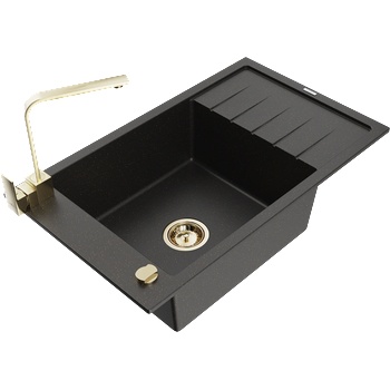 Mexen Elias гранитна мивка с 1 отделение, с отцедник и кухненски смесител Rita, черен/златен металик - 6511-75-670300-50 (6511-75-670300-50)