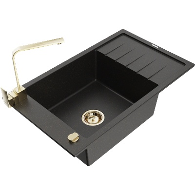 Mexen Elias гранитна мивка с 1 отделение, с отцедник и кухненски смесител Rita, черен/златен металик - 6511-75-670300-50 (6511-75-670300-50)