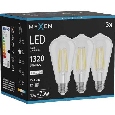 Mexen Vintis 3x LED филaментна крушка E27, ST64, 10W, Неутрална - 4000K, 1320 lm, прозрачна (L152-E27-1040-00x03)