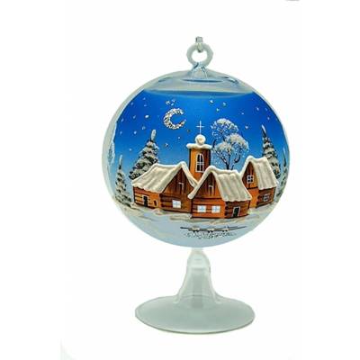 Ornex Vianočná ozdoba sklenená guľa s dedinou modrá 12 cm