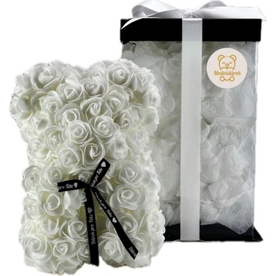 Medvídárek Romantic medvedík z ruží 25cm darčekovo balený - biely zasypaný bielymi lístkami