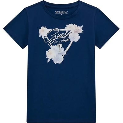 GUESS Тениска с къс ръкав в тъмно син цвят за момиче със сребристо лого и цветя Guess