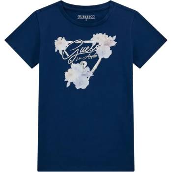 GUESS Тениска с къс ръкав в тъмно син цвят за момиче със сребристо лого и цветя Guess