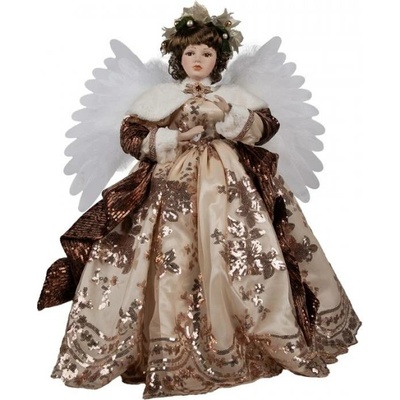 Vánoční dekorace plastový anděl v béžových šatech se třpitivými ornamenty – 65 cm