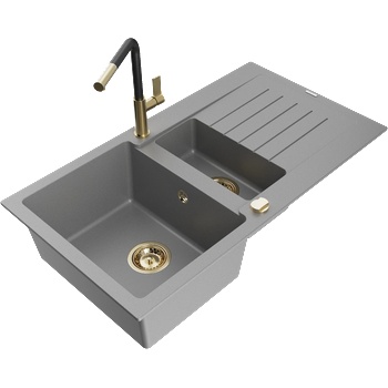 Mexen Matias мивка гранитна 1, 5-камерна с дренаж и кухненски смесител Flora, сив - 6502-71-670401-57-G (6502-71-670401-57-G)