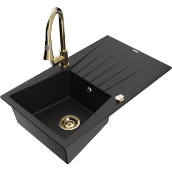 Mexen Cesar гранитна кухненска мивка с една камера с отцедник и кухненски смесител Elia, черен - 6514-77-670101-50 (6514-77-670101-50)