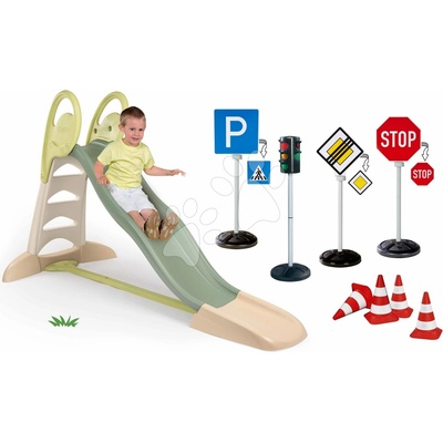 Smoby Set šmykľavka s dvojitou vlnou a elektronický semafor Toboggan XL Life s dopravnými značkami a kužeľmi