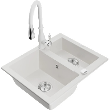 Mexen Carlos гранитна мивка с 1, 5 камери с кухненски смесител Savita, бял - 6518-20-672601-20 (6518-20-672601-20)