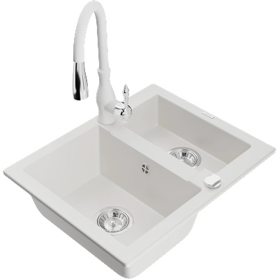 Mexen Carlos гранитна мивка с 1, 5 камери с кухненски смесител Savita, бял - 6518-20-672601-20 (6518-20-672601-20)