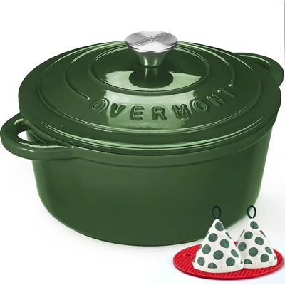 Overmont roasting pan enamel cast iron pot - casserole dish 26cm oven-safe - with lid and cookbook - for kitchen baking stewing roasting - Glossy