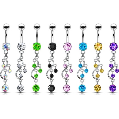 Šperky Eshop piercing do pupíku z oceli zirkon v kotlíku a zvlněná kontura ozdobená visícími zirkony P13.05 tanzanit TZ