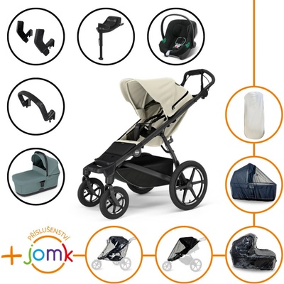 Thule Set 11v1 Urban Glide 4-wheel Soft beige 2024 + madlo + korbička Mid blue + JOMK příslušenství + autosedačka Cybex s ISOFIX základnou a adaptéry Thule