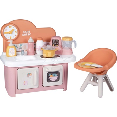 Smoby Kuchynka s jedálenskou stoličkou pre bábiku Baby Nurse Kitchen & High Chair s kuchynským robotom 7 doplnkov od 18 mes
