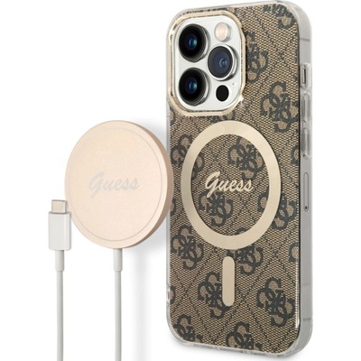 Púzdro Guess 4G MagSafe + bezdrôtová nabíjačka iPhone 14 Pro, hnedé