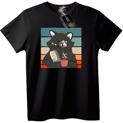 NOONEBRAND Тениска Котка с монокъл и кафе - 2XL, Black
