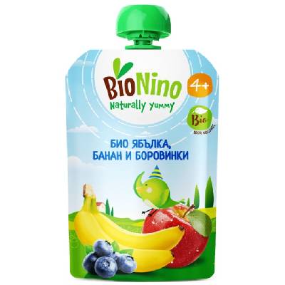 Био плодова закуска BioNino - Пауч с ябълка, банан и боровинки, 4 м+, 90 g (BN2553)