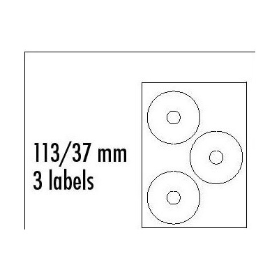 Logo etikety na CD 113/37mm, A4, matné, biele, 3 etikety, 140g/m2, balené po 10 ks, pre atramentové a laserové tlač. 32331