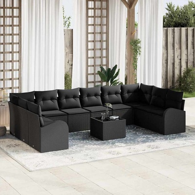 vidaXL Комплект дивани с възглавница 11 pcs Черно Полиротанг (3346233)
