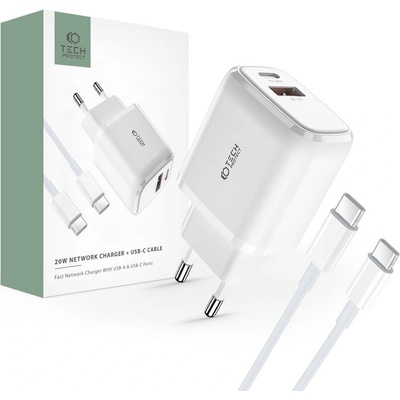 Tech-Protect Комплект зарядно и кабел с USB-C за IOS и Android от Tech-Protect C20W - Бял (9490713930373)