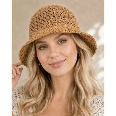 Krumlovanka letní dámský háčkovaný klobouk camel se vzorem An-257592H