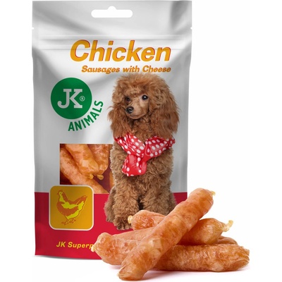 JK ANIMALS Meat Snack 100% Chicken Meat Sausages With Cheese 100% kuřecí klobásky se sýrem masový pamlsek 80 g