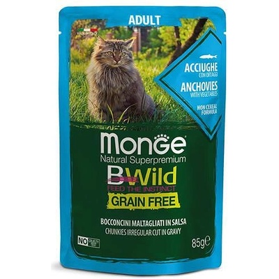 Monge BWILD Grain Free Adult с аншоа и зеленчуци - пауч с хапки в сос, без зърнени храни - за котки в зряла възраст 85 гр