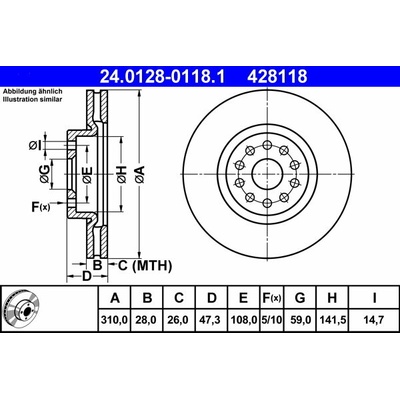 ATE 428118 brzdový kotúč 24.0128-0118.1, súprava 2 ks