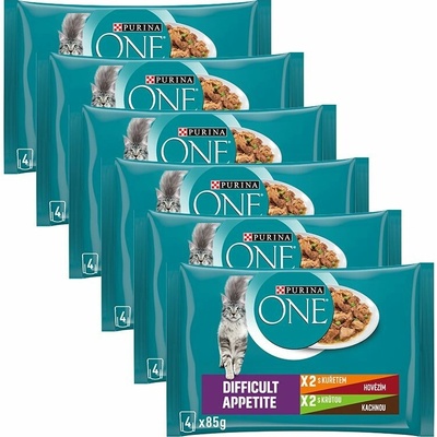 Purina ONE Difficult Appetite kura hovädzie morka kačica v šťave 24 x 85 g