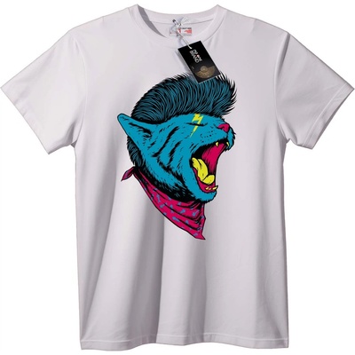 NOONEBRAND Тениска Пънк Котка с Mohawk и Бандана - 2XL, White