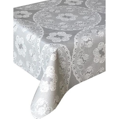 IMPOL TRADE Obrus PVC 3581288 biele čipky s ružičkami na sivom podklade návin 20 mx140 cm