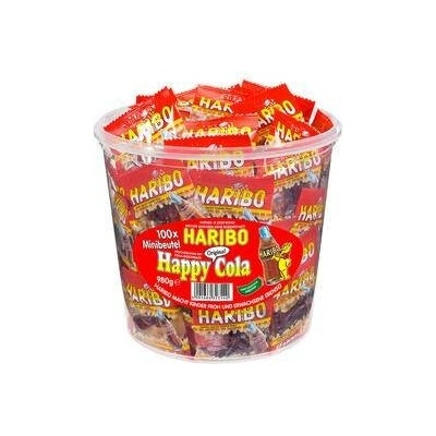 Haribo Happy Cola minisáčky želé s příchutí ovoce a coly tvar lahviček dóza 100 x 10 g