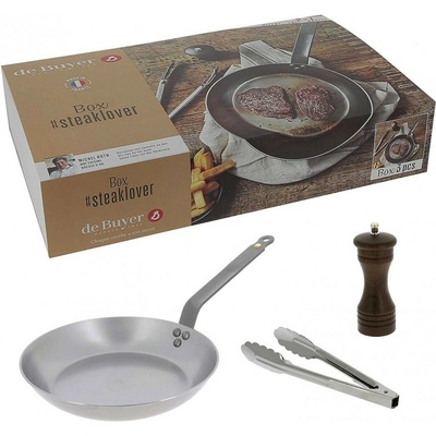 de Buyer Steaková panvica MINERAL B 26 cm, s mlynček na korenie a kuchárske kliešte