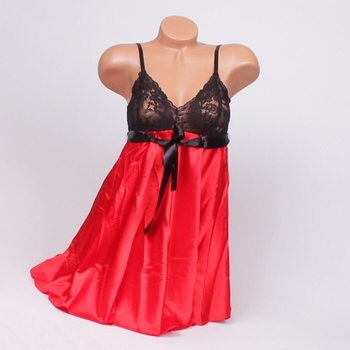 Сатенена нощница в червено с черна панделка и дантела