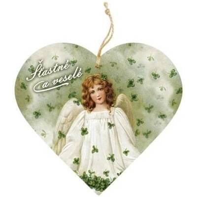 Bohemia Gifts Dřevěné dekorační srdce s potiskem Anděl se čtyřlístky 12 cm