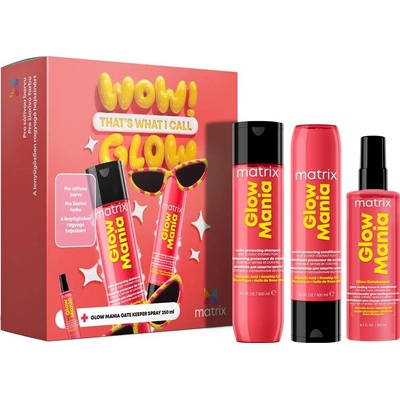 Matrix Glow Mania šampon pro barvené vlasy 300 ml + Matrix Glow Mania kondicionér pro barvené vlasy 300 ml + Matrix Glow Mania bezoplachový kondicionér pro barvené vlasy 250 ml