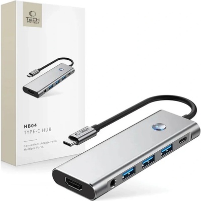 Tech-Protect HB04 HUB Adapter 9in1 USB-C + USB2.0 + USB3.0 + HDMI 4K 60Hz + SD / TF + PD100W + AV3.5 - сив (5906302360536)
