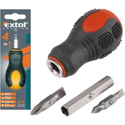Extol отвертки, 2 сменяеми, с късо стебло от двете страни (плоски: 4 mm, 5, 5 mm; PH1, PH2), CV