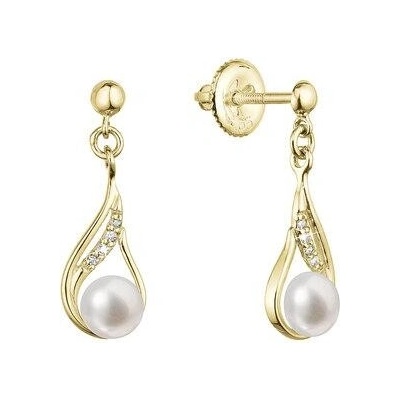 Evolution Group zlaté 14 karátové náušnice slza visací s říční perlou a brilianty 91PB00047
