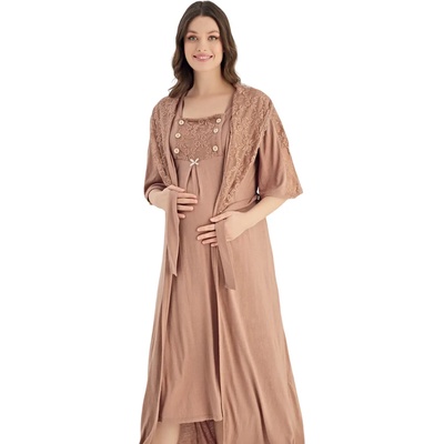 Млечно кафяв комплект за бременни с дантела на цветя