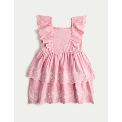 Marks & Spencer Рокля от волан с цветна бродерия и висок процент лен (2-10 години) Marks & Spencer розова Marks & Spencer | Rozov | Момичешки | 2-3 години